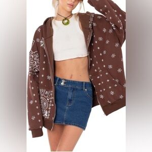 EDIKTED Brown Bandana Print Zip Up Hoodie